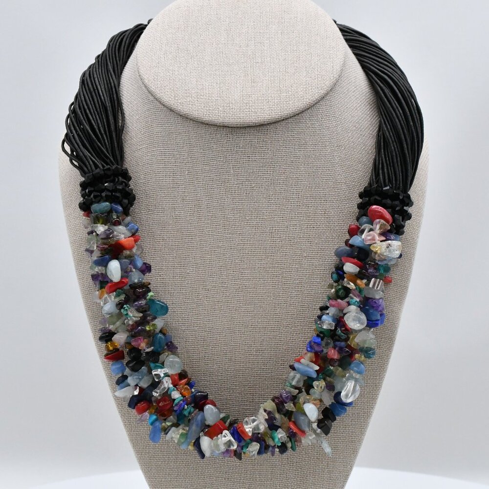 Vintage Multi-Gem Black Cord & Chip Stone Necklace 20 3/4"